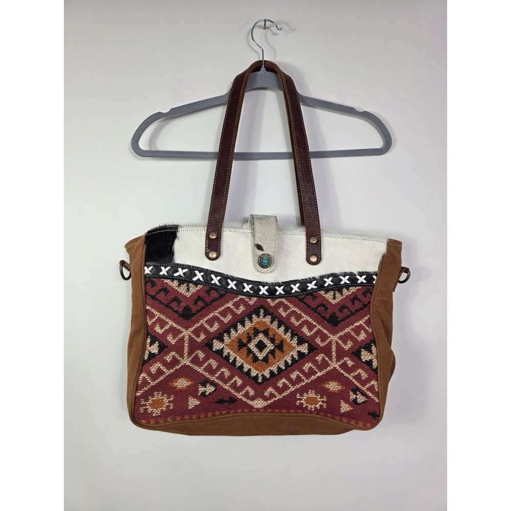 Myra Bag Hues of Dusk Canvas Leather Cowhide Crossbody Shoulder Tote Bag Western